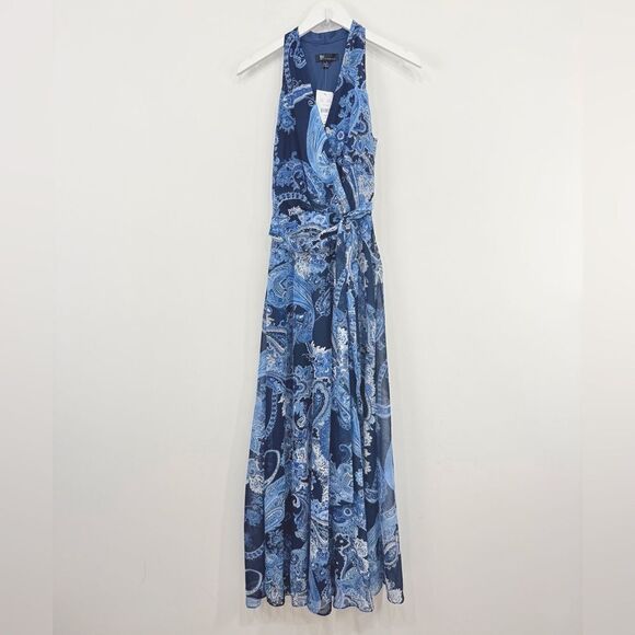 Chetta B Navy Blue White Paisley Print V Neck Sleeveless Maxi Dress NEW - Picture 1 of 16